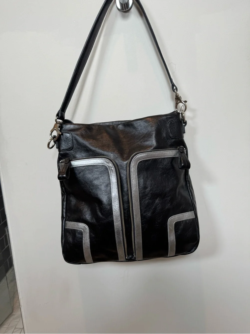 Black Leather Hobo Bag with Silver Trim